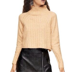 Topshop Women’s Cropped Ribbed Mock Neck Knit Sweater in Camel Size 12